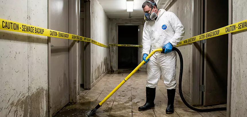Technician in protective suit extracting contaminated water after a sewage backup in a commercial restroom.